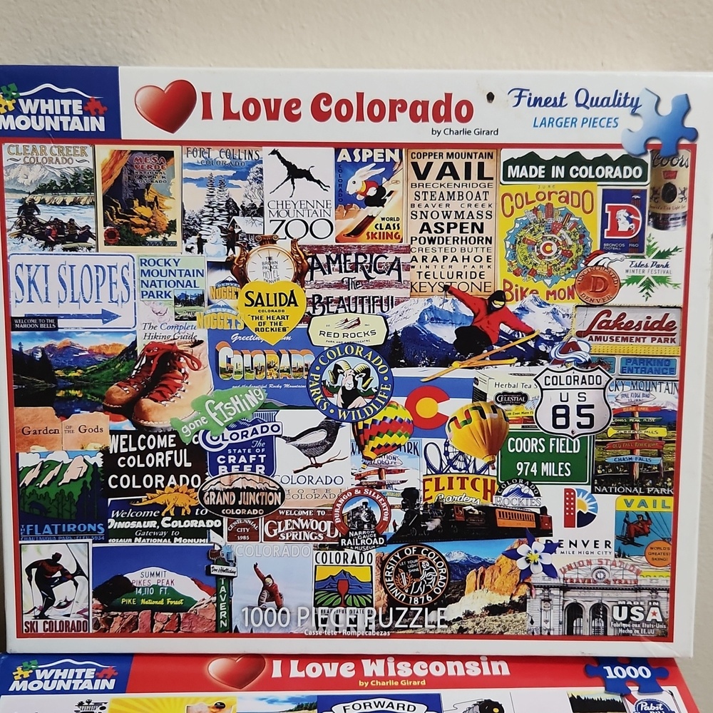 2/$20 WHITE MOUNTAIN PUZZLES 1000 pc I LOVE COLORADO & WISCONSIN Collage Girard - Picture 2 of 10